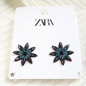 ZARA Dazzling Blue Crystal Floral Earrings Elegant Flower Design New